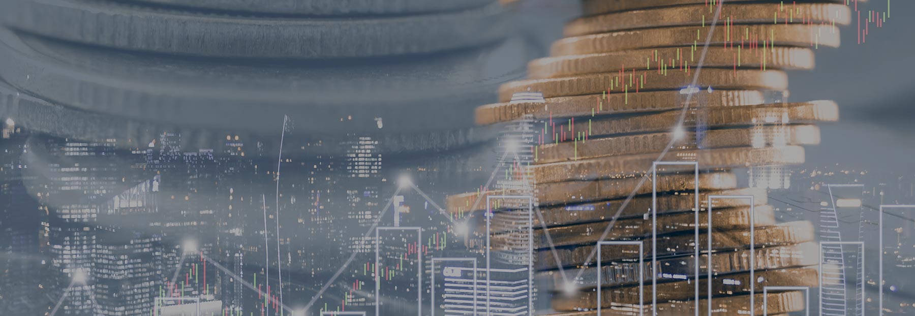 Stack of coins and city overlayed with bar graphs