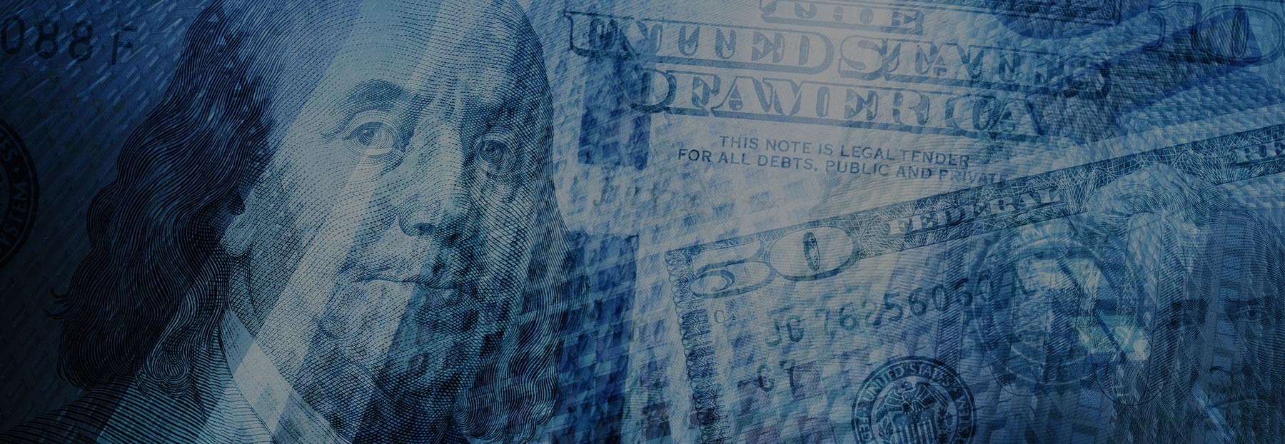 Overlay of cash bills on city skyline