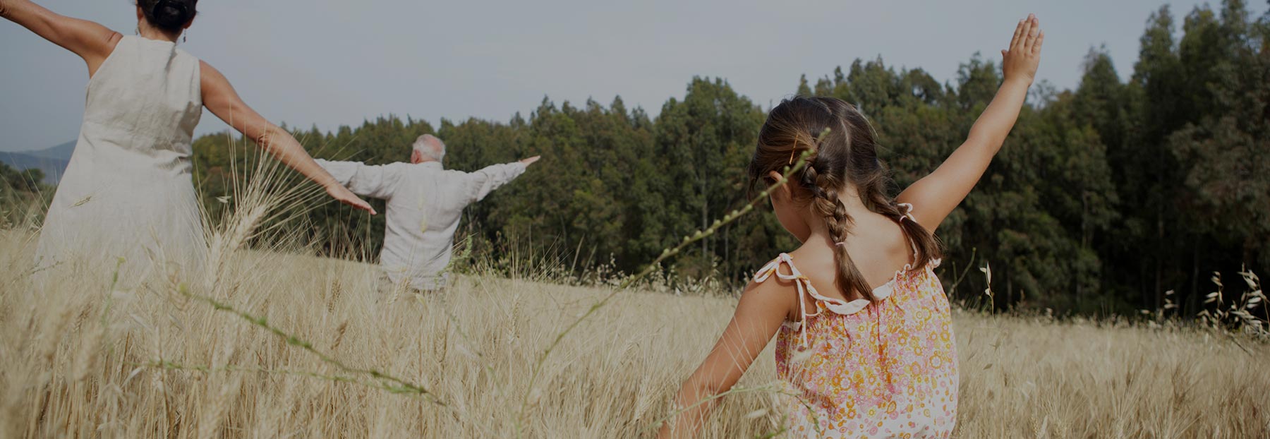 Family playing airplanes through field of tall grass