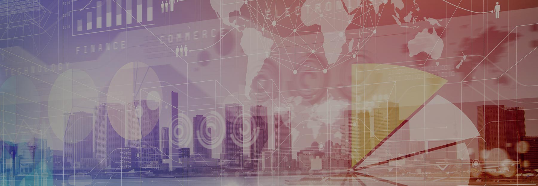 Graphs and charts overlaying a city skyline