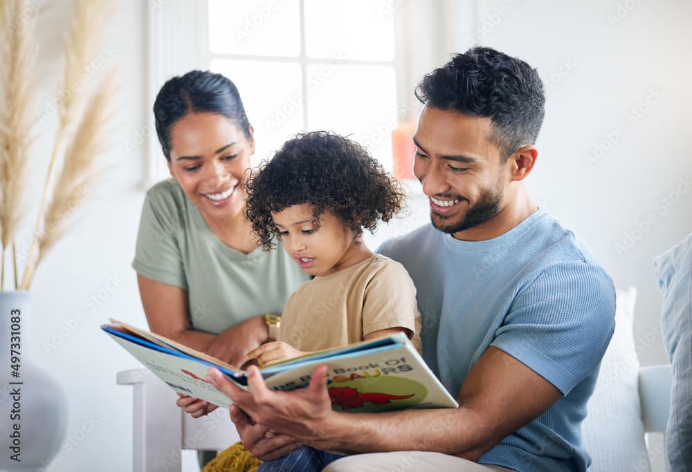 Family reading childrens book