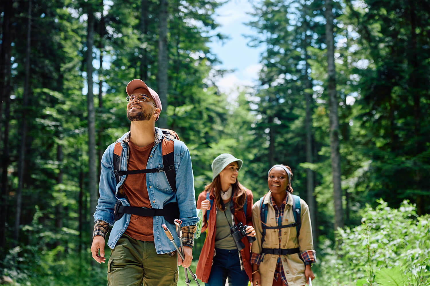 Three friends hiking on a sunny forest trail wearing backpacks.
