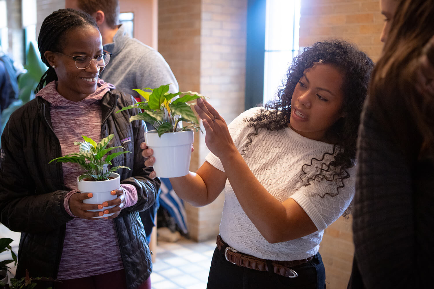 Two people discussing potted plants indoors with natural light.